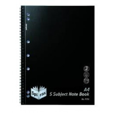 Spirax P596  5 Subject Notebook A4 250 Page Black Side Opening